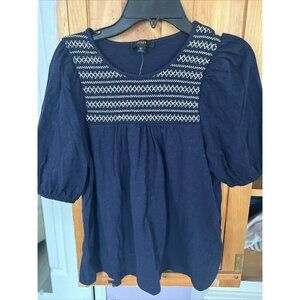 J.Crew Puff sleeve Top Poplin Cotton-Smocked Navy Blue XS